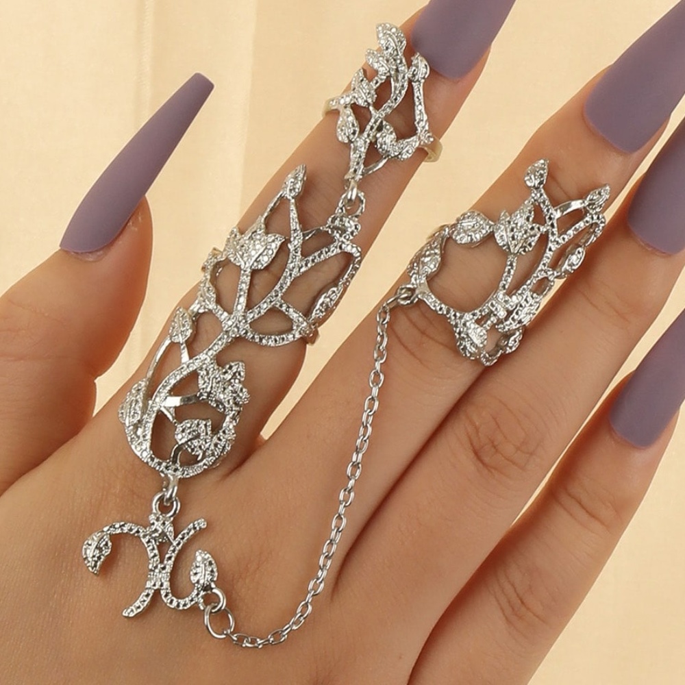 Silver Floral Chain Link Double Finger Ring / Rings Set - Picture 7 of 9